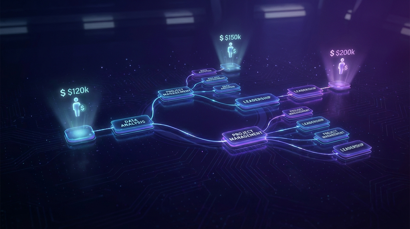 Holographic skill tree showing Growth Systems Architect competencies and career paths