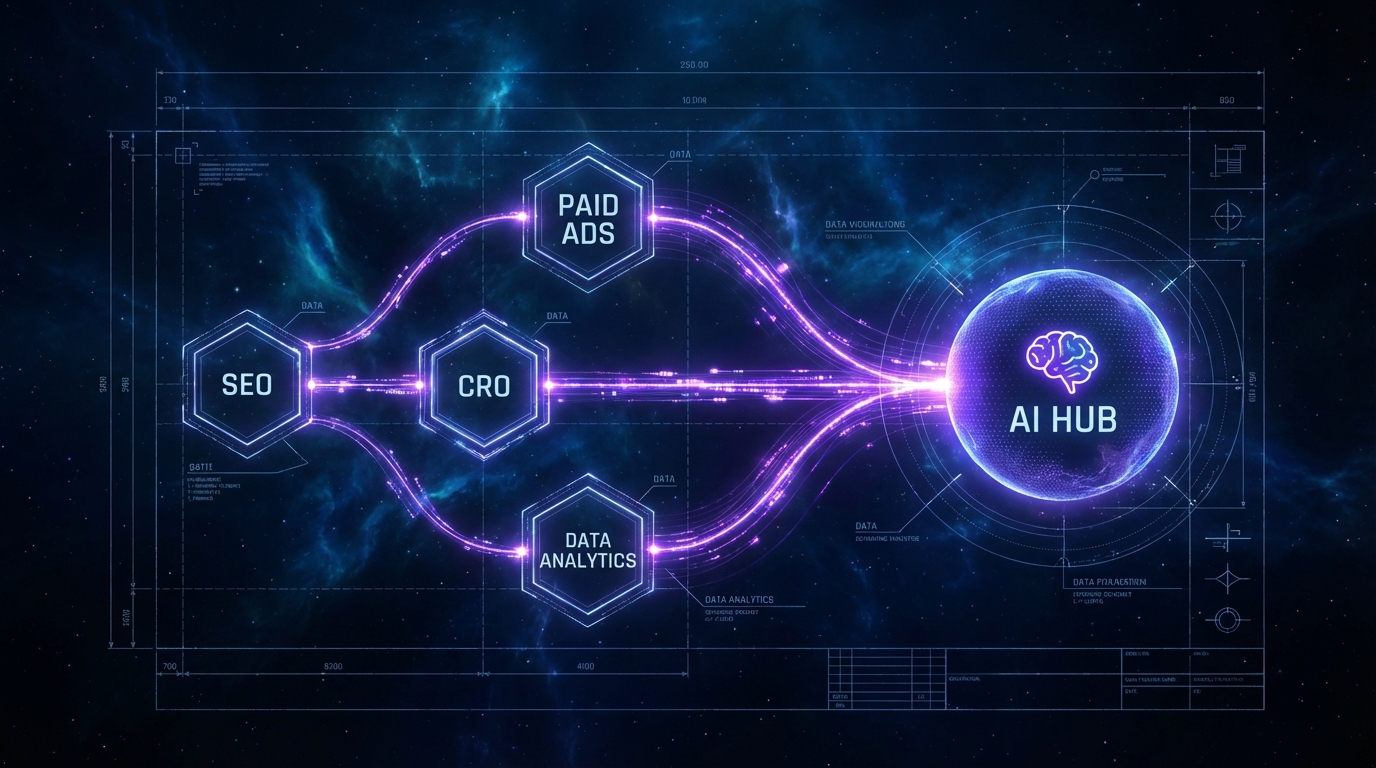 Interconnected growth system architecture — nodes for SEO, PPC, CRO and data connected by an AI hub