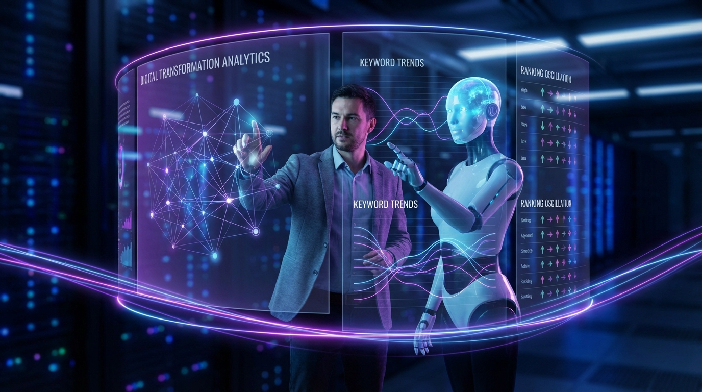 Human SEO specialist collaborating with AI — search data visualization and ranking charts